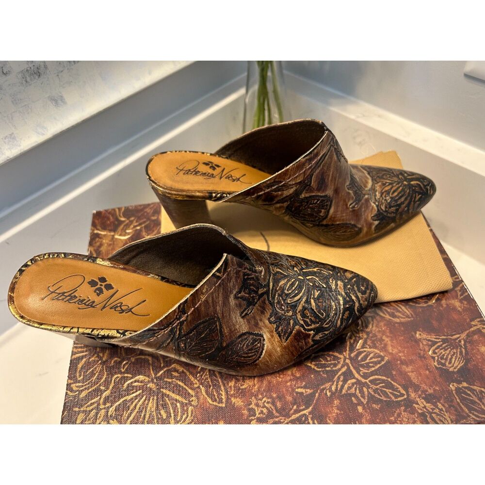 PATRICIA NASH Ruffina Mule in Chocolate Gold Metallic Back Leaves Size 6 Shoes - Picture 7 of 9